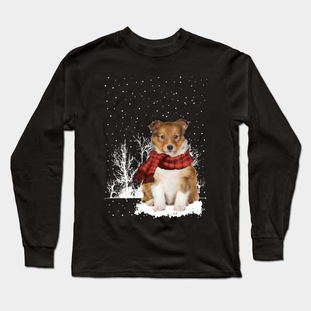 Christmas Shetland Sheepdog With Scarf In Winter Forest Long Sleeve T-Shirt by Mhoon 